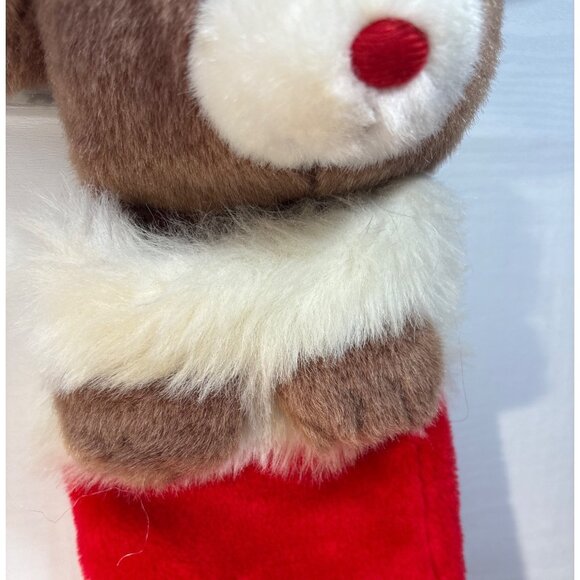 Reindeer Plush Christmas Stocking 21" Red & Brown Fuzzy Holiday Decor Cute - Picture 3 of 7